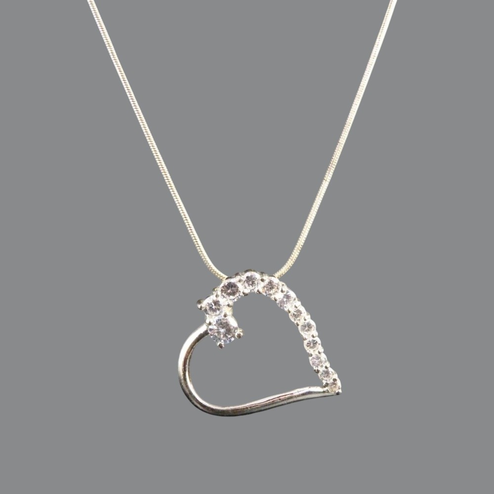 STERLING SILVER Omega Chain Necklace LARGE CLEAR CZ HEART PENDANT Sideways 30"